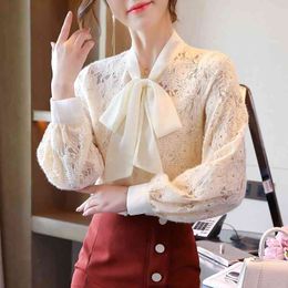 Blusas Style Autumn Winter Korean-Style Bow Neck Lantern Long Sleeve Lace Bottoming Women Blouse Shirt Top 955A 210420