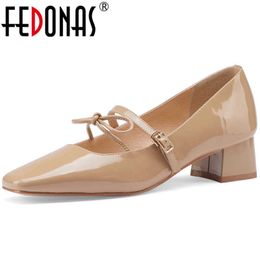 Butterfly Knot Shoes Woman Heels Fashion Mary Janes Genuine Leather Women's Wedding Thick Female Pumps 210528