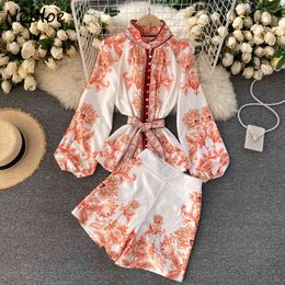 Neploe Court Style Print 2 Pcs Womens Set Turn Down Collar Puff Long Sleeve Blouse + High Waist Hip Wide Leg Shorts Spring Suit 210423