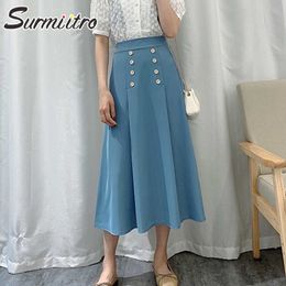 SURMIITRO Summer Midi Long Skirt Women Korean Style Blue Buttons Office Lady Mid-Length High Waist Pleated Skirt Female 210712