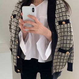 Women Sweater Jacket Autumn Winter Oversized Knitted Cardigans Loose Plaid Jumpers Korean Clothing Robe Long Coat 210529