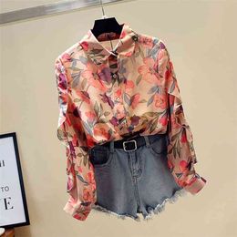 Spring Summer Women's Plus Size Chiffon Shirt Fashion Loose Long Sleeve Floral Female Thin Sunscreen Blouses Top GD449 210506