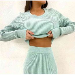 Tracksuit Women's Knitted Sweater Skirt Two Piece Set Women Slim Fit Crop Tops Female Sweater Skirts Suits Outfits 210722