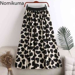 Nomikuma Women Skirts Contrast Color Love Heart Printed Stretch Waist A Line Mid Calf Skirt Female Casual Vintage Faldas Mujer 210514