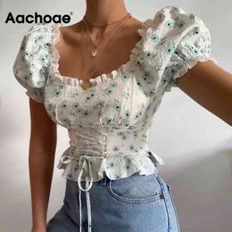 Chic Floral Print Ruffles Blouse Women Stylish Bow Tie Drawstring Crop Top Female Puff Sleeve Square Collar Tunic Shirt 210413