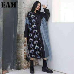 [EAM] Women Black Flower Mesh Irregular Big Size Dress New Lapel Long Sleeve Loose Fit Fashion Spring Autumn 1Z50601 210409