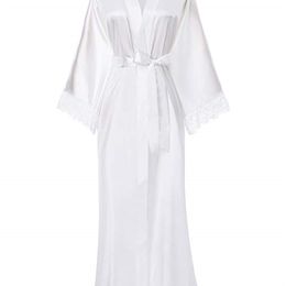 Womens Sexy Long Kimono Dress Lace Bath Robe Lingerie Gown Ice Silk Nightdress Solid Color Nightgown Nightwear Plus Size #0701 210901