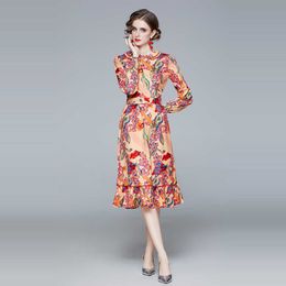 Women Spring Designer Elegant Floral Print Dress Sexy Slim Casual Party Robe Ladies Yellow Vinatge Midi Dresses Vestidos 210525