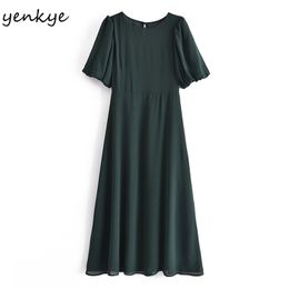 Vintage Dark Green Chiffon Dress Women Puff Sleeve O Neck Casual A-line Long Female Summer Robe Longue 210514