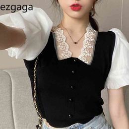 Ezgaga Lace Patchwork V-Neck Puff Short Sleeve Women Blouse Korean Fashion Chic Chiffon Knit Crop Tops Slim Elegant Shirts 210430