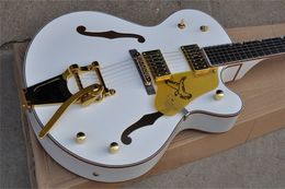 White Falcon Jazz Electric Guitar G 6120 Semi Hollow Body Rosewood Fingerboard Korean Imperial Tuners Gold Sparkle Binding Golden Hardware