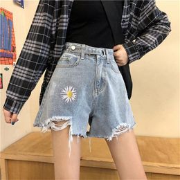 Summer Korean Style Daisy Embroidery Denim Shorts High Waist Flower Embroidered Women's