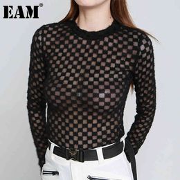 [EAM] Women Black Slim Transparent Mesh Plaid T-shirt Round Neck Long Sleeve Fashion Spring Summer 1DD6002 21512