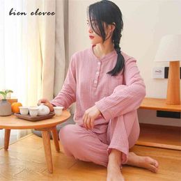 Women's Sleepwear Cotton Yarn Pyjama Sets Water-washed Sleeping Suits Female Long-Sleeve Crepe Home Clothe Lounge Wear Pink 210830