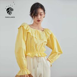 FANSILANEN 100% Cotton ruffle blouse shirt Women flare sleeve embroidery elegant Female spring yellow white sexy top 210607