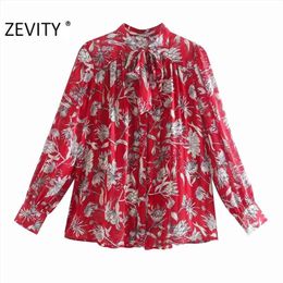 Women Fashion Floral Print Red Blouse Office Lady Long Sleeve Bow Tied Casual Shirts Chic Chemise Blusas Tops LS7293 210420