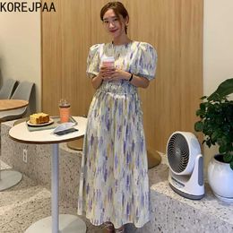 Korejpaa Women Dress Summer Korean Chic Western Style Watercolor Print Pleated Side Lace Back Button Puff Sleeve Vestidos 210526