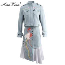 Fashion Designer Set Spring Summer Women Long sleeve Embroidery Windbreaker jacket Coat+feathert Skirt Two-piece set 210524