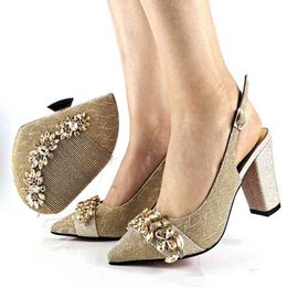 Italian Design Nigerian Arrival Fashion Special Crystal Style Elegant Gold Color Party Wedding Women Shoes and Bag Set 210824