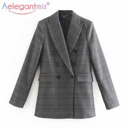 Aelegantmis Casual Oversized Plaid Blzer Women Office Lady Spring Vintage Female Double Breasted Blazer Jacket OL Outwear 210607