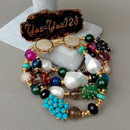 YYGEM 8'' 4 Strands Cultured White Keshi Pearl Agate Jade Turquoise Cz Statement Bracelet magnet clasp vintage style for women