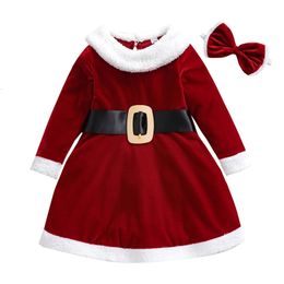 Kids Girls Christmas Dress Set Long Sleeve Soft Flannel Festival with Headband 2pcs Outfits 12M-5T