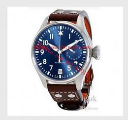 Luxury Wristwatches 46mm Big Pilot Midnight watch Blue Dial Mechanical Automatic Steel Bezel Brown Leather Strap Mens Watches