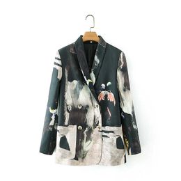 Vintage Women's Printed Loose Jacket Suit Fashion Long Ladies Blazer Double Breasted High Quality Female Coat 210527