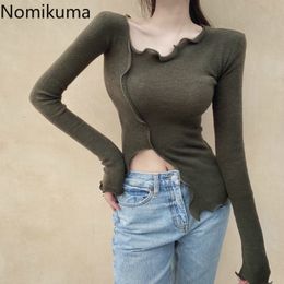 Nomikuma Frayed Sweater Solid Colour Long Sleeve Autmn Sexy Cropped Tops Women Korean Chic All-match Pullover Jumpers 3d841 210514