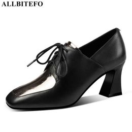 ALLBITEFO size 34-42 cross tied soft natural genuine leather women heels shoes spring fashion women's high heels high heel shoes 210611