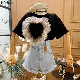 T-shirt Women's Short Sleeve Summer Tees Love Gauze Patchwork Basic Shirts Korean Loose O Neck Chic Tops Femme 4i450 210519