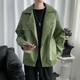 Men's Thicken Velvet Loose PU Leather Motorcycle Bomber Jackets Solid Colour Coats Long-sleeved Green/black Outerwear S-2XL 210524