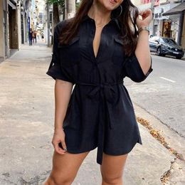 Fashion Casual Playsuit Women Half Sleeve Belted Tunic Solid Color 2021 Summer Elegant Short Jumpsuit Overalls For Women's Jumpsuits & Rompe