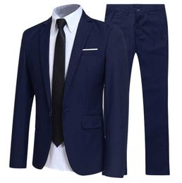 New Jacket+Pants 2Pcs/Set Blazer Men Suit Plus Size Men Solid Colour Long Sleeve Lapel Slim Button Suit Work Business Suits X0909