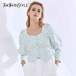 TWOTWINSTYLE Patchwork Pearl Tassel Blouse For Women Square Collar Puff Sleeve Elegant Short Shirt Female Fashion Clothing 210517