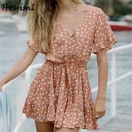 Fashion Clothing Sweet Button Strappy V Neck Short Sleeve Mini Women Dresses Dot Printing Holidays Loose Casual Bohemian Dress 210513