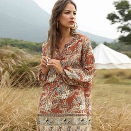 Women Bohemian Printed Lantern Sleeve Dress Long Sleeve Sexy V neck Elegant Casual Mini Dress Spring Autumn Fashion Dress 210412