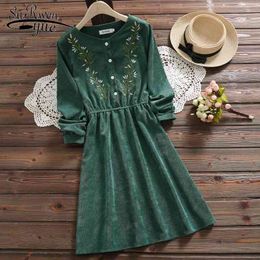 Floral Embroidery Elegant Autumn Winter Casual Ladies Dresses Midi Fashion Vintage Corduroy Women Shirt 7425 50 210521