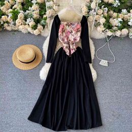 Court Dress Women Autumn and Winter Fashion Square Jacquard Splicing Long Sleeve Retro Elegant Vestidos Q112 210527