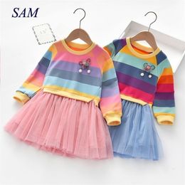 Girls Spring and Autumn Children's Long Sleeve Striped Colourful Rainbow Dresses Princess Cute Party Dress for Kids 210331