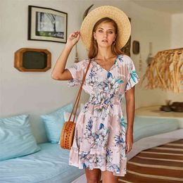 Women Dresses Summer Sexy V Neck Floral Print Boho Beach Short Sleeve A Line Ruffles Mini Wrap Sundress Robe 210517