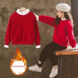 Girls Kids Sweater Autumn Velvet Thick Spring Winter Tops Clothes Toddlers Cotton Sweatshirt Casual Children for 6 8 10 12 Years 211029