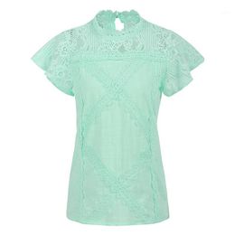 Women Blouse Solid Crochet Lace Splicing Geometric Pattern High Neck Short Sleeve Blouses Elegant Plus Size Tops Women's & Shirts