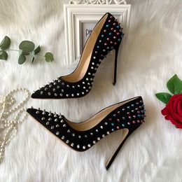 Fashion Women Pumps Sexy Lady Black Suede Color Spikes Rivets Heels Shoes Point Toes Bride Wedding Shoe Party High Heel 12cm 10cm 8cm