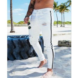 Trendy Men Skinny Jeans Biker Destroyed Frayed Fit Denim Ripped Pants Side Stripe Pencil Hip Hop Streetwear 210716280l