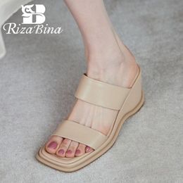 Dress Shoes RIZABINA Ladies Sandals Real Leather Square Toe Heels Trifle Women For Summer Fashion Daily Outdoor Footwear Size 34-40