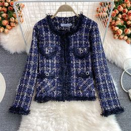 Outono novo design feminino decote oco manga longa padrão xadrez tweed lã lurex jaqueta casacos ML