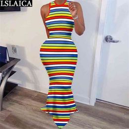 Maxi Dress Sleeveless Rainbow Striped Print Casual Bodycon Party Club Fashion Summer Elegant Women Femme Sukienka 210520