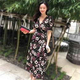 printing wrap dress resort Bohemian korean ladies Sexy short Sleeve V neck maxi Party A line Dresses for women 210602