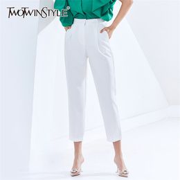 White Ankle Length Trousers For Women High Waist Pockets Zippers Casual Harem Pants Female Autumn Clothing 210521